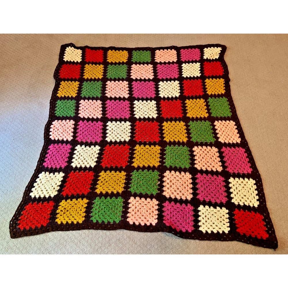 Crochet Afghan Granny Squares Blanket Throw Lap Brown Multi‎ Color 53" x 63" VTG